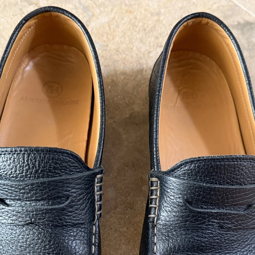 Austen Heller Black Pebble Leather Penny Loafers with Tan Insole